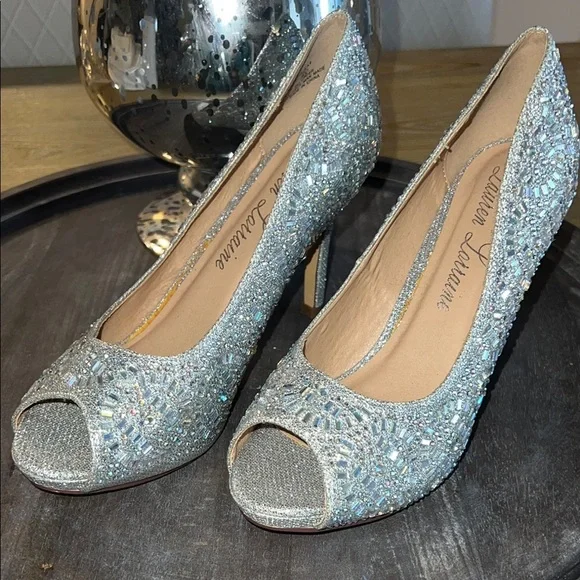 Lauren Lorraine Glittering Silver Rhinestone Peep Toe Heels 6 1/2 - Picture 9 of 11